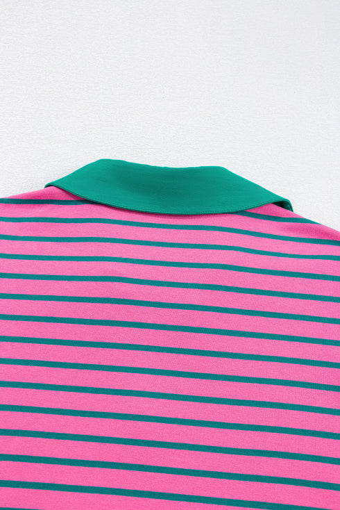 Rose Stripe Collared V Neck Puff Sleeve Shift T Shirt Dress with Pockets